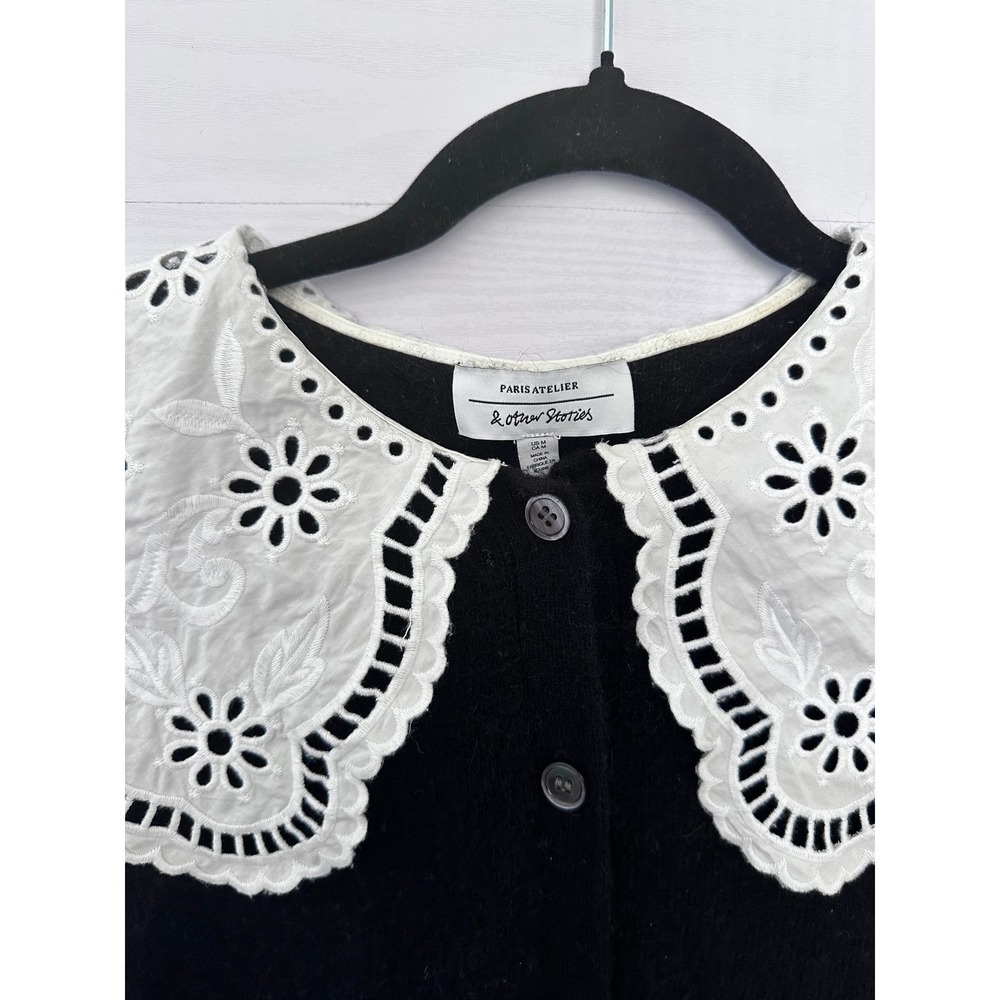 & Other Stories Paris Atelier Black Wool Alpaca Cardigan M Eyelet Lace Collar - Picture 4 of 9